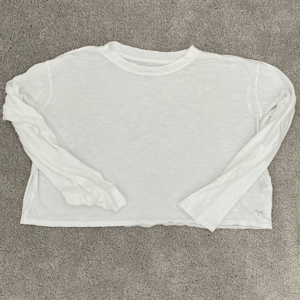 Pink Victoria Secret White Crop Long Sleeve Shirt Size Medium